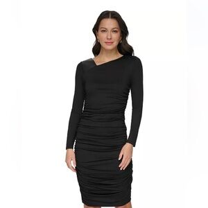 DKNY Ruched Asymmetric Neck Dress Long Sleeve Size Medium Black Jersey Knit